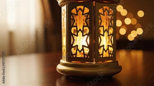 Ramadhan Golden Lantern Glow Softly on a Dark Mahogany Tabletop