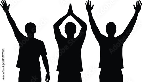 Silhouettes of men raising arms in celebration and greeting gestures, showing expressive body language, communication, victory, and enthusiasm in simple black silhouette style