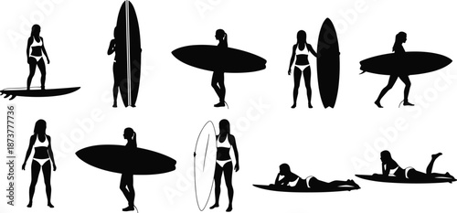 Set of female surfer silhouettes, women surfing poses with longboards, black vector icons on white, summer beach sports lifestyle collection.