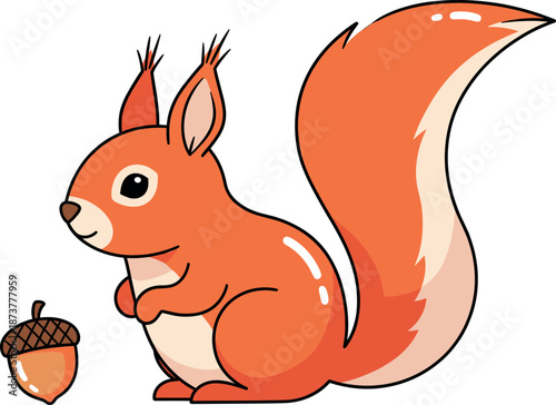 Cute orange squirrel cartoon character sitting next to a small acorn isolated on white background.