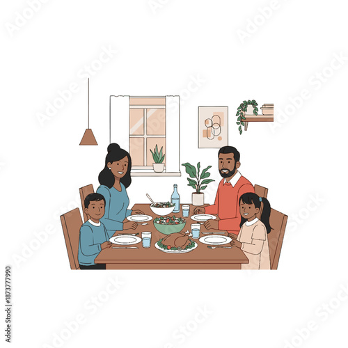 A happy diverse family of four enjoying a festive meal together at a dining table.