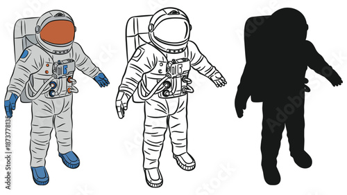 An illustration of astronauts in spacesuits with a silhouette.