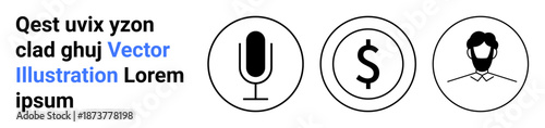 Audio services, digital finance, user identity, communication, business, technology. Black outlined microphone, dollar sign and person profile icons. Audio services and digital finance concepts