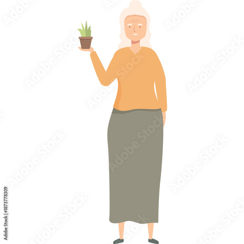 Elderly Woman Holding a Potted Plant