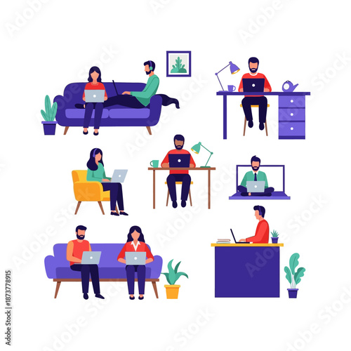 Collection of illustrations depicting diverse individuals engaged in remote work and online tasks using laptops from various locations.