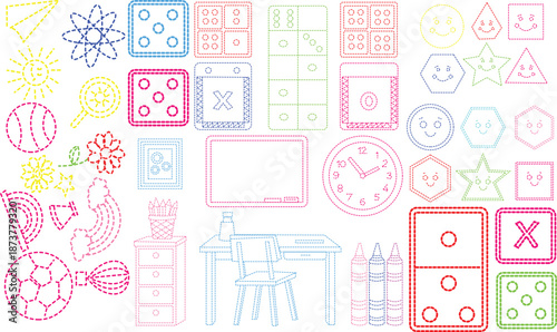 Collection of colorful stitched outline icons representing various school and playtime objects for educational design projects