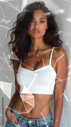 Elegant young woman walking in the city on a sunny summer day. Young adult woman in white t-shirt. Generated AI.