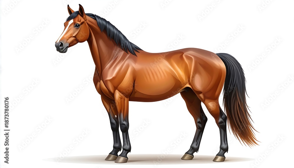 Fototapeta premium A digitally rendered, side-view of a majestic horse with a shiny, brown coat, dark mane, and tail on a white background