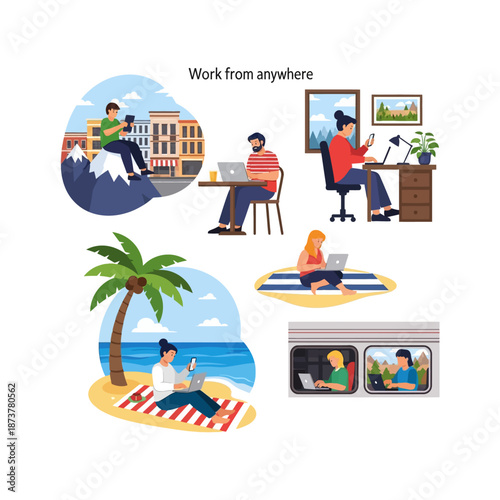 Diverse individuals working remotely from various locations including mountains, cafes, beaches, and trains, showcasing flexible modern work.