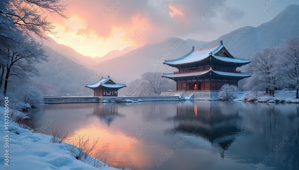Obraz premium Snowy Korean temple by tranquil lake reflects sunset sky. Mountains and trees covered in frost during winter dawn create peaceful landscape scenery. Idyllic vacation spot.