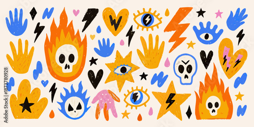 Colorful hand and spooky motif illustrations on a light beige background