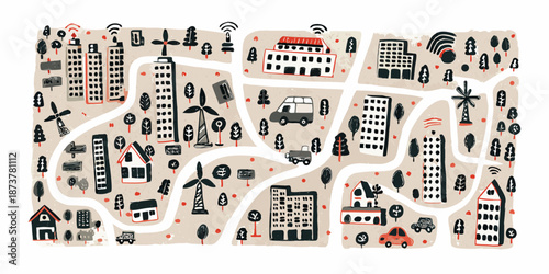 An illustrated cityscape depicting sustainable energy sources and urban infrastructure