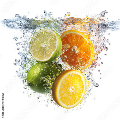 Fruit falling into water with splashes of lemon and lime, orange slices, photorealistic, high resolution on white background