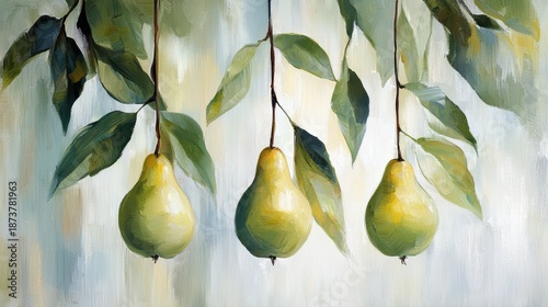 Three green pear hanging from a tree branch.