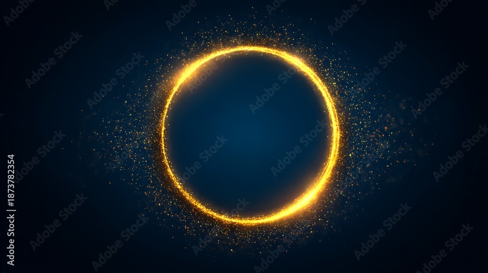 Fototapeta premium Glowing golden ring with sparkling particles floating against a dark blue background