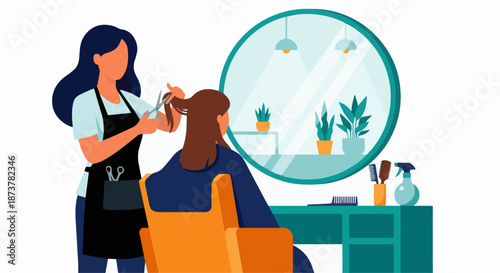 A flat vector illustration of a professional hair stylist cutting a client’s hair with scissors. The client is seated in a modern salon chair wearing a dark styling cape. Background features a large 