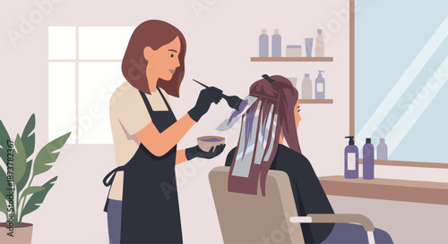 Hair Stylist Coloring Hair
A flat vector illustration of a hair stylist applying hair dye to a client’s hair using a brush and bowl. Foils and gloves visible. 