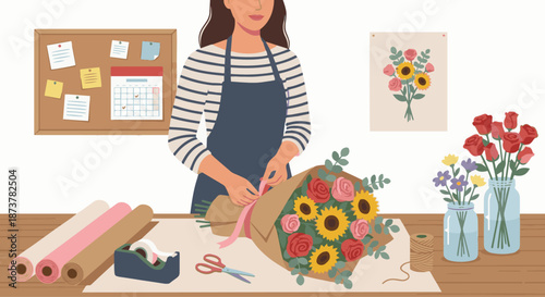 Florist Wrapping Flowers

A flat vector illustration of a florist wrapping a bouquet with paper and ribbon. Worktable and tools visible. Flat vector style, organized and creative process.