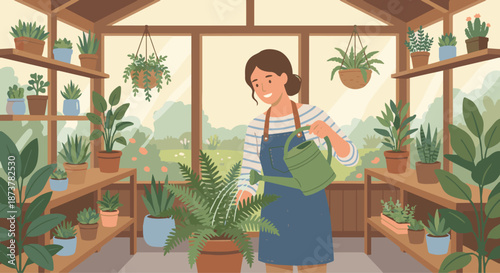 Florist Watering Plants

A flat vector illustration of a florist watering potted plants using a watering can. Simple shop or greenhouse background. Flat vector style, calm and nurturing scene.