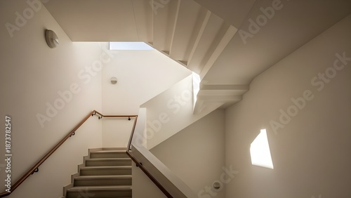 Staircase ascending indoors with natural light and wooden handrail architecture