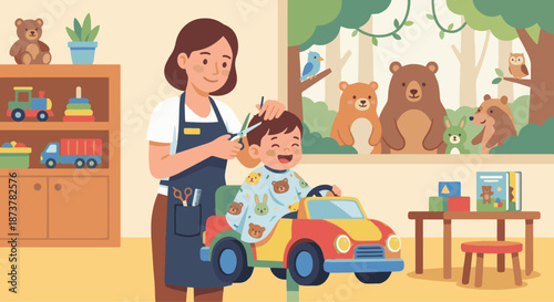 Hair Stylist Cutting Child’s Hair
A flat vector illustration of a hair stylist cutting a child’s hair gently. Toys or playful decor appear in the background.