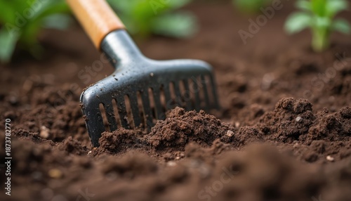 Garden rake levels rich soil for planting seeds or seedlings. Close up of tool preparing earth for cultivation. Fresh brown dirt textured ground for growth.