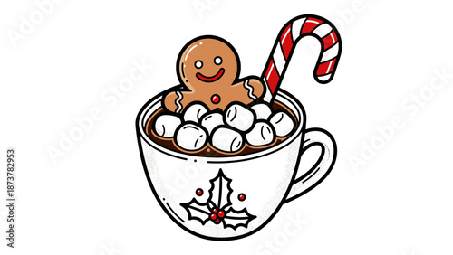 Festive Hot Chocolate with Gingerbread Man and Candy Cane Illustration
