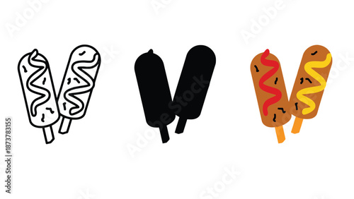 A colorful illustration of different corndog styles on a white background
