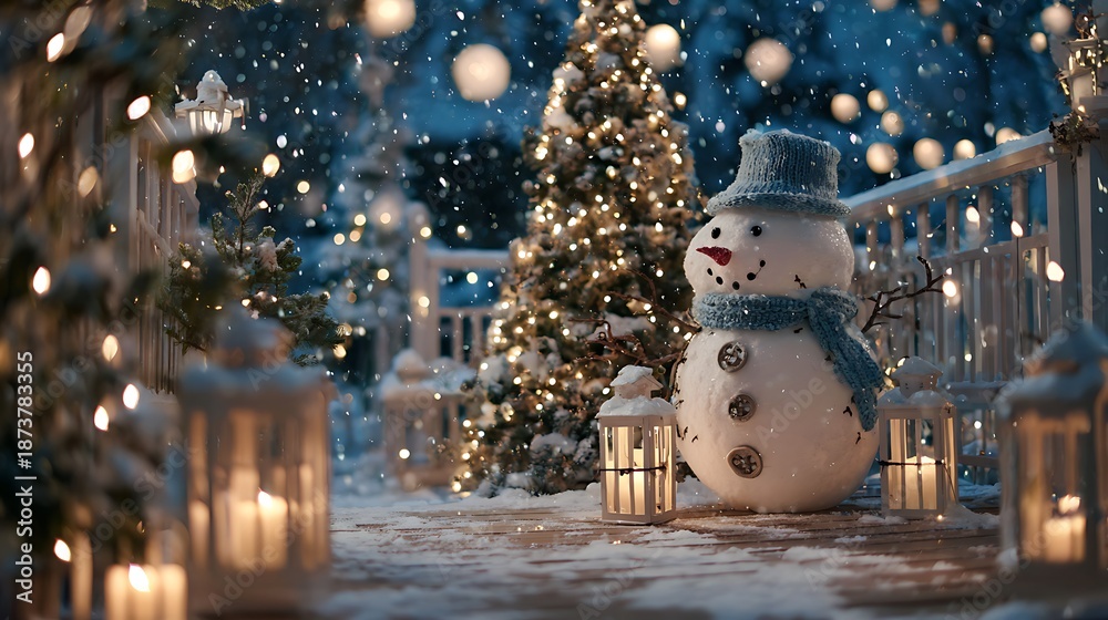 Obraz premium Cozy winter scene with snowman, Christmas tree, lanterns, and falling snow at night