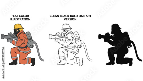 A firefighter in different illustration styles holding a fire extinguisher gun