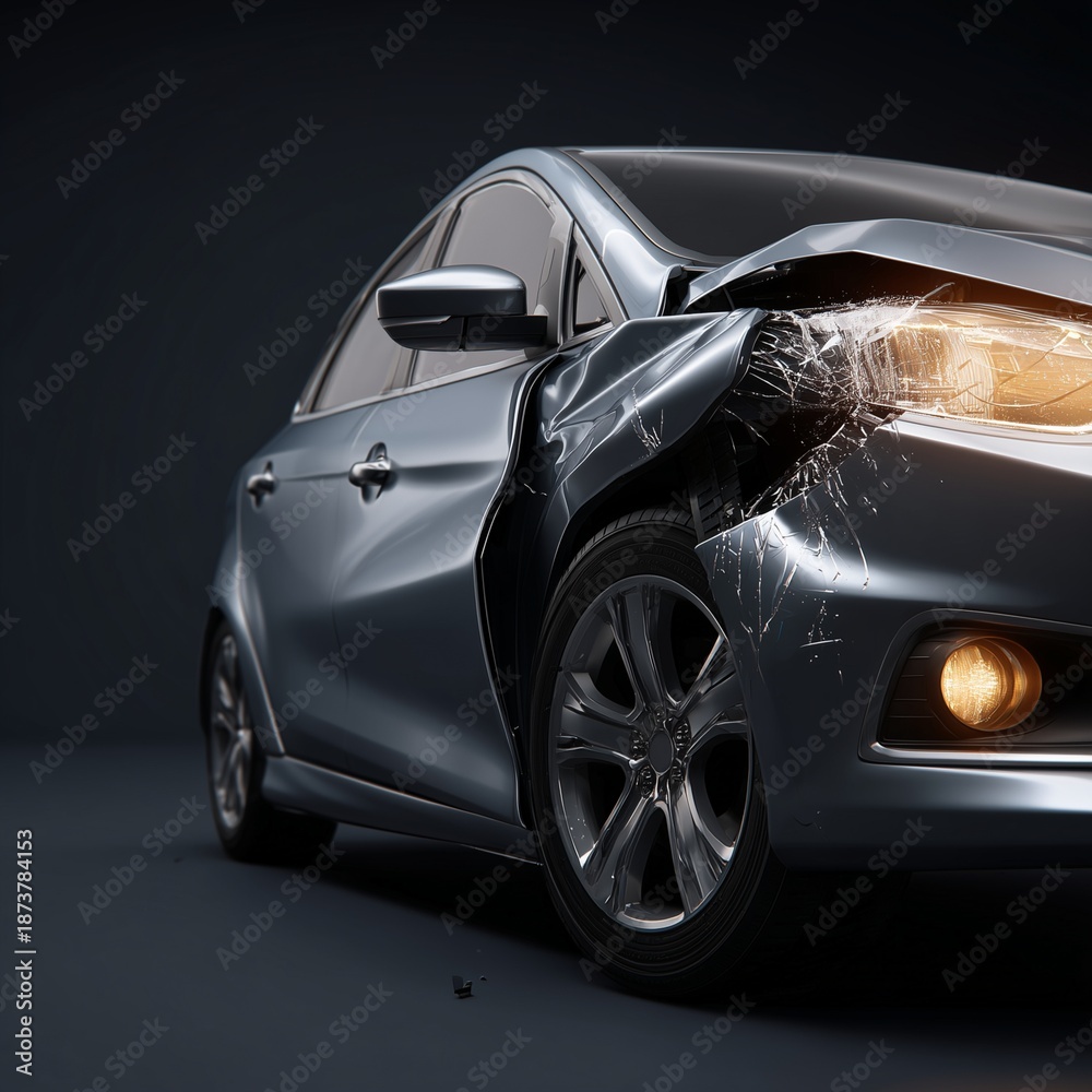 Fototapeta premium Car Accident: The aftermath of an accident, a damaged vehicle bears the visible marks of a collision, its front end crumpled and headlights askew, telling a story of impact and the forces involved.
