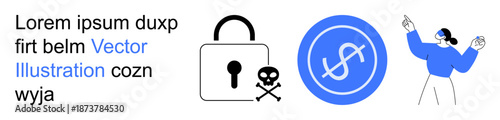 Cybersecurity, online safety, financial security, fraud protection, digital threats, encryption. Lock with skull, dollar symbol in a shield person pointing. Cybersecurity and online safety