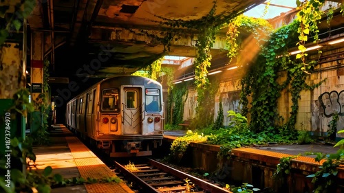 An abandoned subway train sits stationary on overgrown tracks within a derelict, sunlit station environment reclaimed by nature's persistent vines and foliage.
