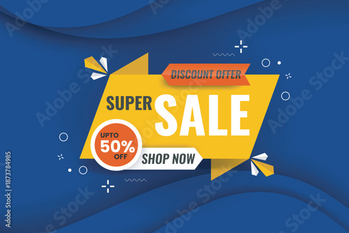 super sale banner, abstract template with dark purple and yellow color background, get 50 percent of, sale banner promotion