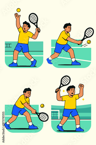 Tennis player action poses set flat illustration