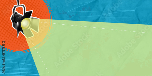 A trendy halftone pop art collage. Overhead projector for an advertising poster. Spotlight on a blue background. Black lamp with empty space. Vector.