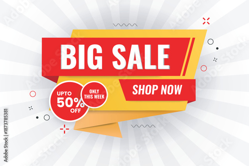 Big sale on abstract white background with, get 50 percent of, web or social media modern sale post banner geometric shapes