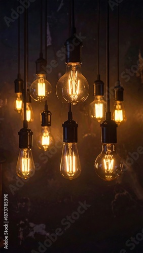 Illuminated Edison bulbs hanging, creating a warm, moody aesthetic