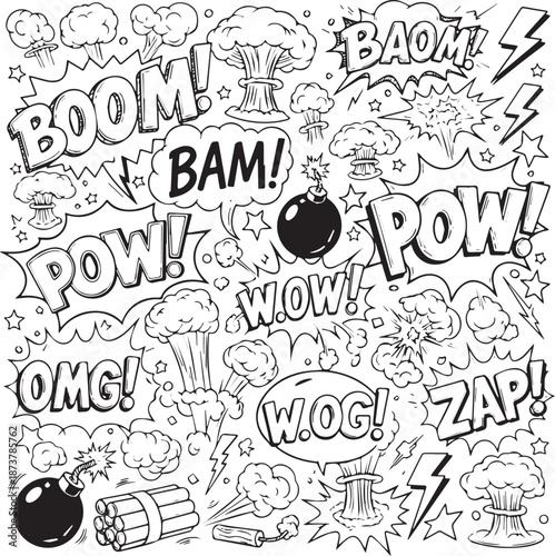 Comic book style explosions and sound effects in black and white.
