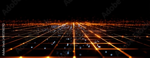 Golden Grid Lines: Dynamic digital grid lines glow against a deep black backdrop, creating a sense of futuristic technology and data flow.
