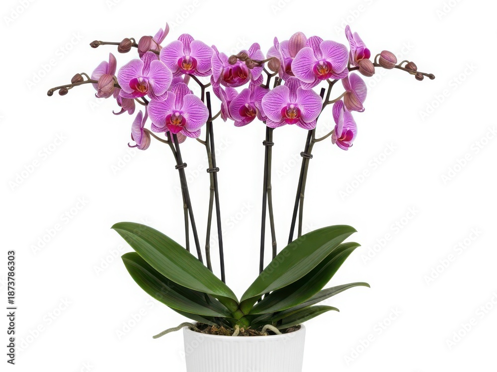 Naklejka premium Vibrant purple orchids in a white pot