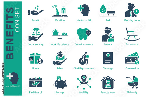 Benefits icon set. Solid icon style. Containing icon savings, commission, mental health and more. Benefit element vector illustration