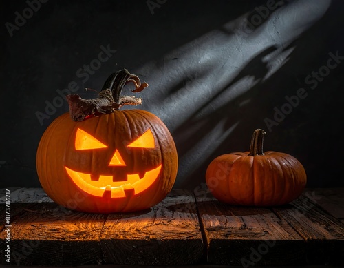 Illuminated Jack-o'-lantern and pumpkin on wooden surface