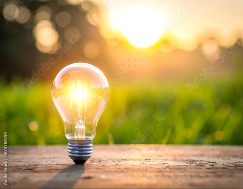Illuminated lightbulb set against a sunlit background and nature