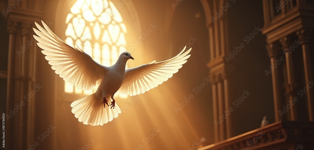 Naklejka premium White dove flies through sunbeams in church near stained glass window. Bird wings spread wide, symbol of peace, hope, holy spirit in religious space.