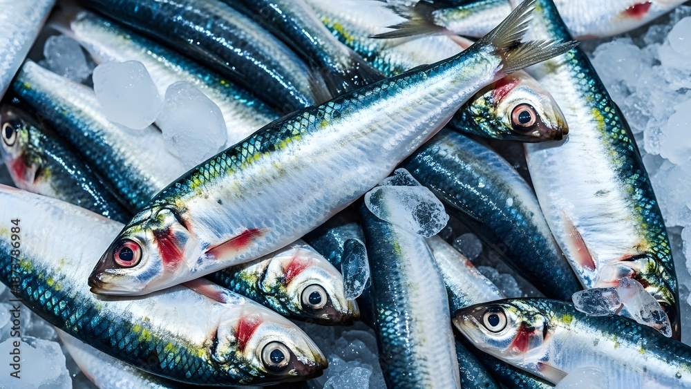 Fototapeta premium Close-Up of Fresh Fishs on Ice Bunch of Small Fish on Frozen Ice 