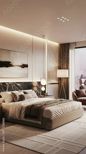 A luxurious and modern bedroom interior features a large bed with white linens, a marble accent wall, and soft ambient lighting, creating a serene atmosphere.