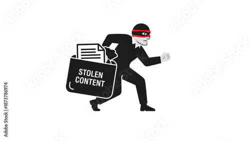 Stealing Content concept Cartoon Thief Running with Bag  and wirte on Stolen Content  Line Art Icon of Copyright Infringement Thief 