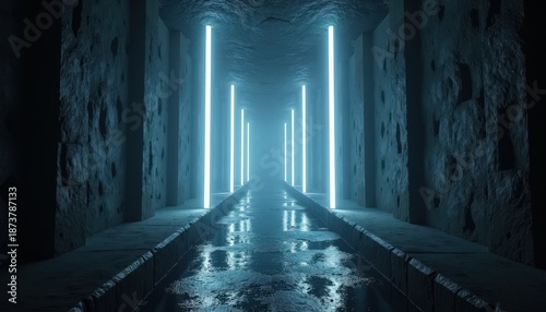 Futuristic dark corridor with glowing neon blue lights reflecting on wet floor and textured stone walls creating an atmospheric