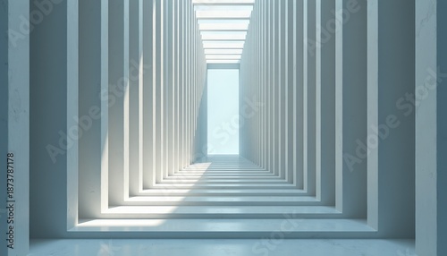 Abstract Architectural Corridor with Repeating Geometric Pillars and Natural Light Entering Through Skylight